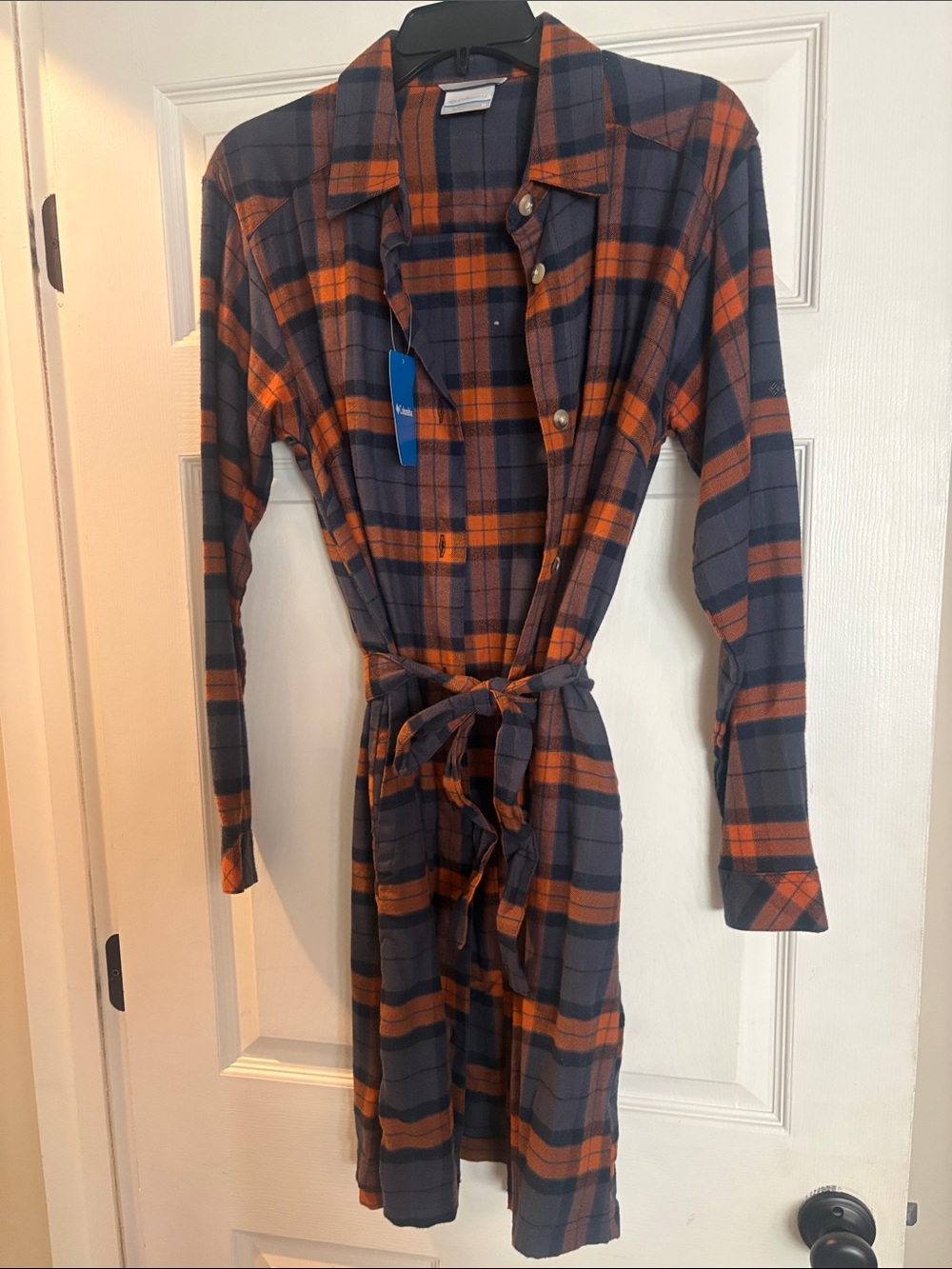 Columbia Navy & Orange Plaid Long-Sleeve Shirt Dress with Waist Tie